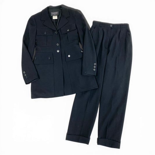 Ca15 CHANEL シャネル 1991年 P11193 スタイルアップ ジャケット パンツ セットアップサイズ36 ブラック レディースta1