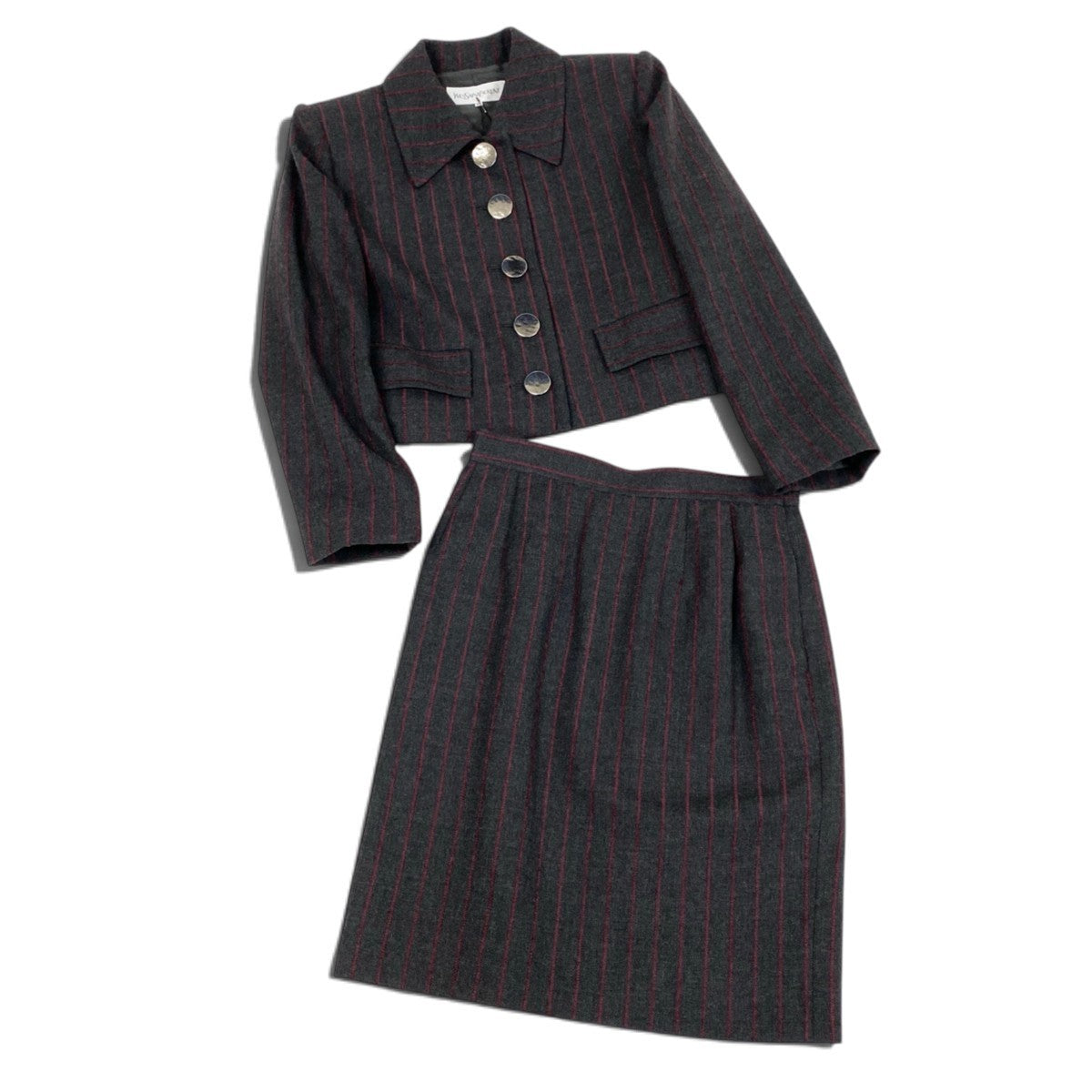Ej19 YVESSAINTLAURENT イヴサンローラン セットアップ スカートスーツ ストライプ柄 サイズ9A3 ダークグレー レディースo07t