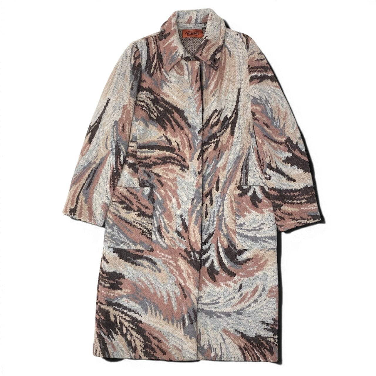 81g4 MISSONI ミッソーニ ステンカラーコート 総柄 ウールモヘヤ混 ロングコート サイズ46 マルチカラー レディースk02i