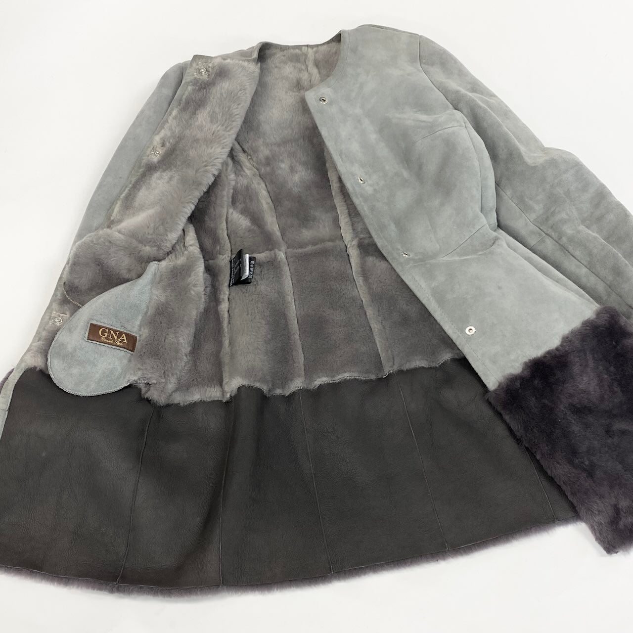 44d27 Deri Sarayi デリサライ ムートンコート ノーカラーコート ITサイズ42 グレー シアリング レディース 女性服u02t