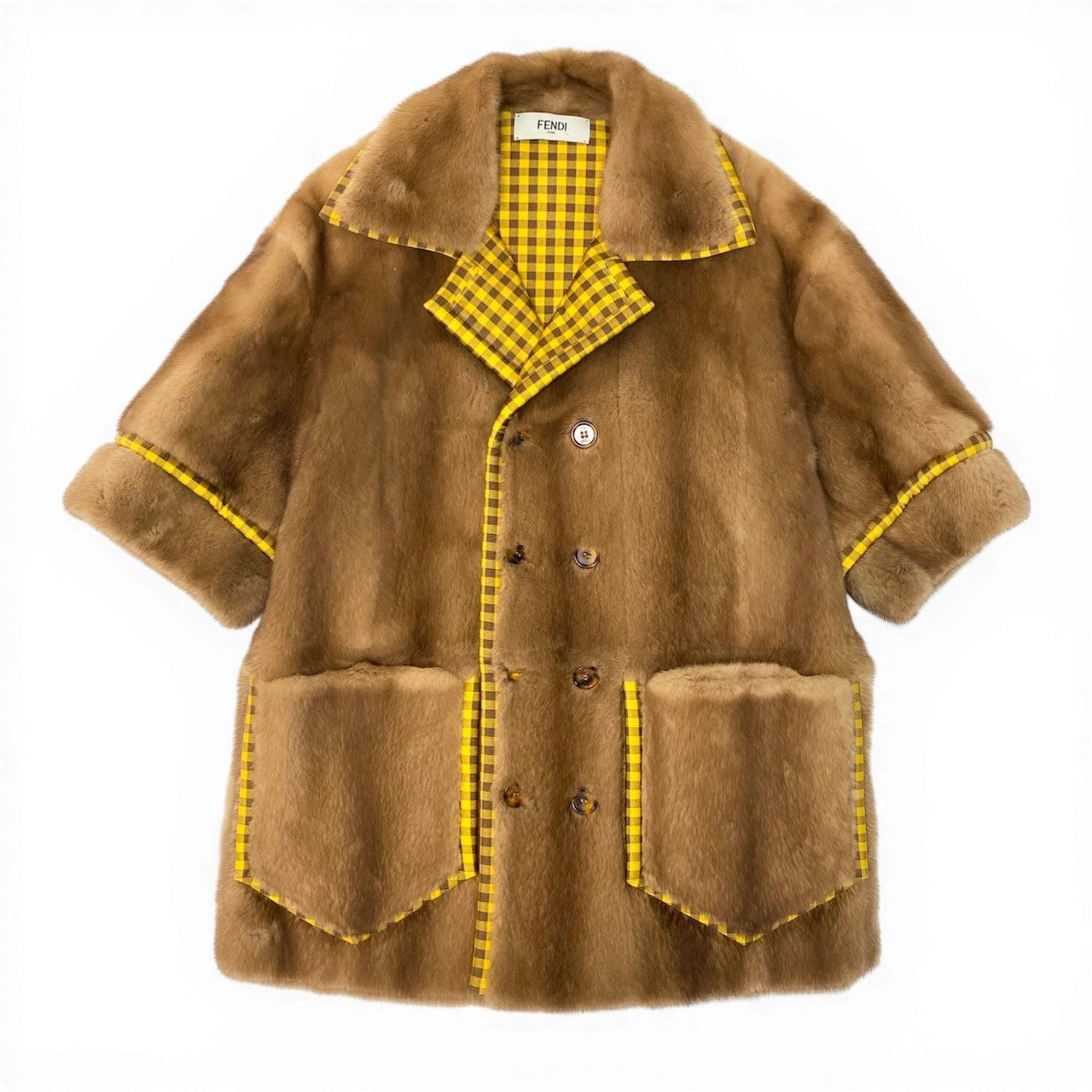E FENDI フェンディ パステルミンクファー リバーシブル ファーコート ジャケット チェック 36 ブラウン イエローnu1