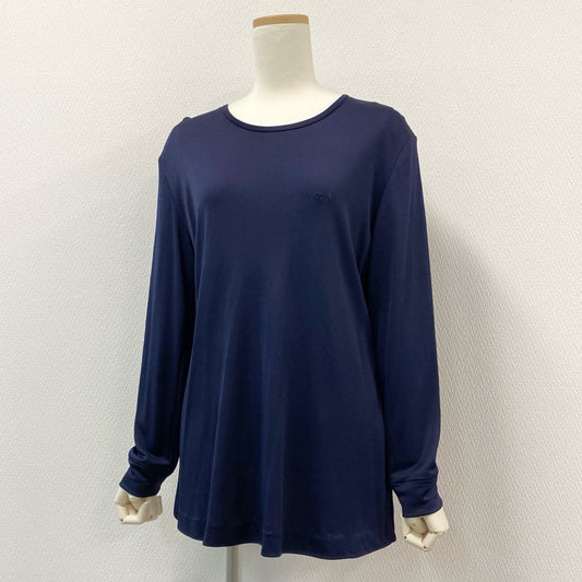 63i18 LEONARD レオナール 日本製 ロゴ刺繍 長袖カットソー ロングスリーブ トップス Mサイズ ネイビー ナイロン レーヨン レディースk02i