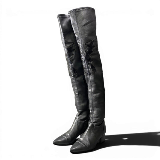d16 CHANEL シャネル ウエスタンデザイン ニーハイブーツ サイズ37C メタリックブラック レザー レディース 靴ta1