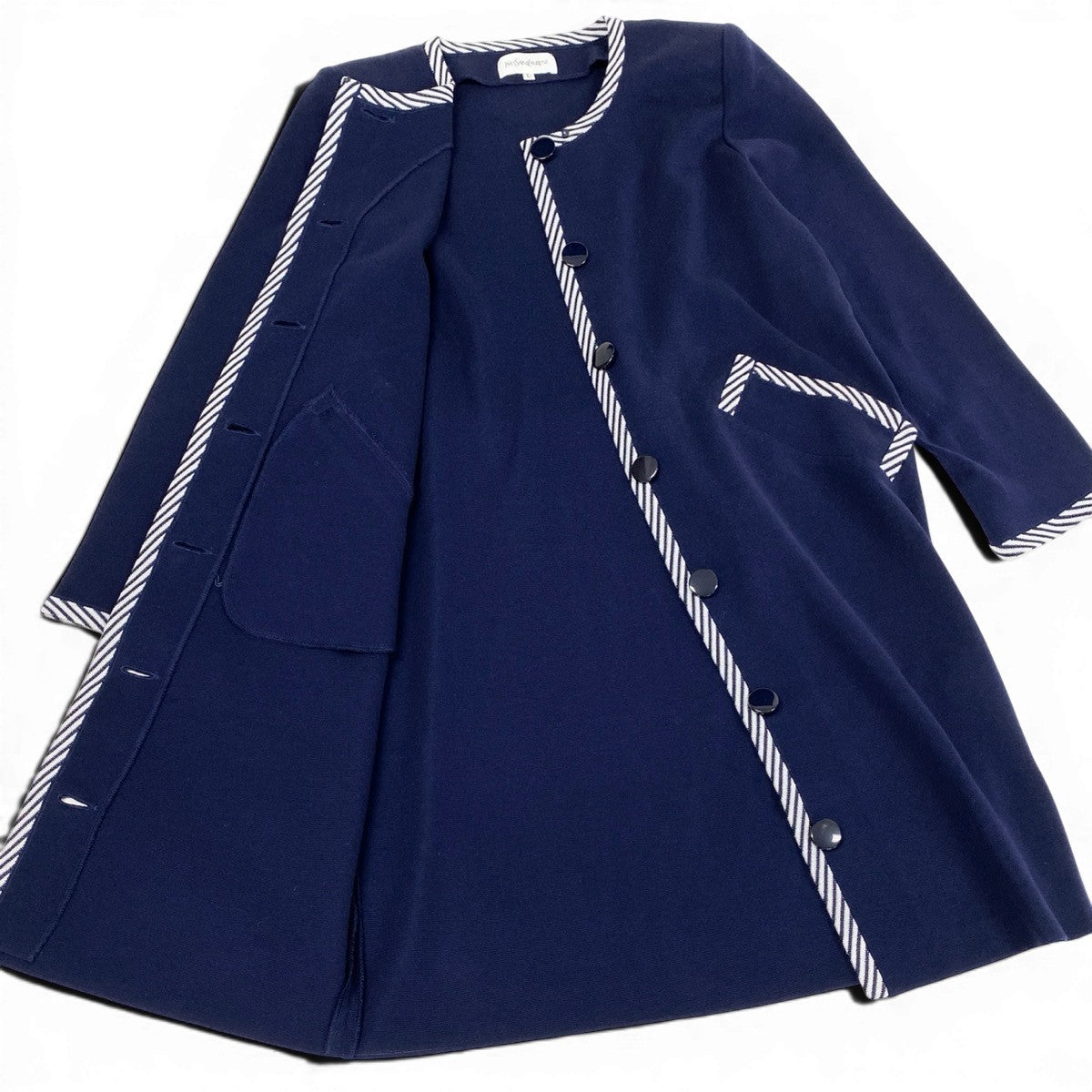 Eg11 YVES SAINT LAURENT イヴサンローラン ノーカラー ニットコート ストライプ柄 サイズL ネイビー レディースo07t