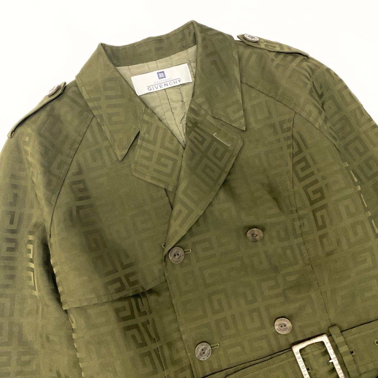 Ic5 Vintage GIVENCHY ジバンシィ ジャガードロゴ ショートコート 中綿ジャケット ダブルブレスト レディース 38 カーキu02t