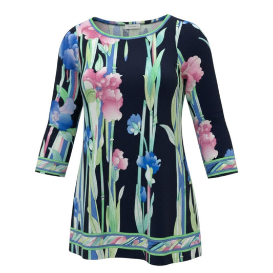 72a28 LEONARD レオナール 長袖カットソー チュニック カンカン素材 美しい花柄プリント 38サイズ マルチカラー レディース 女性用o07t