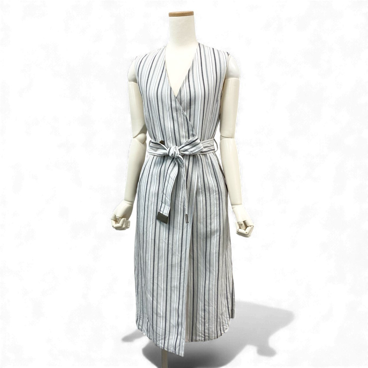 80k11 《美品》 MORABITO モラビト ノースリーブ リネンブレンド ストライプコート 38 ホワイトグレー ワンピースt18r