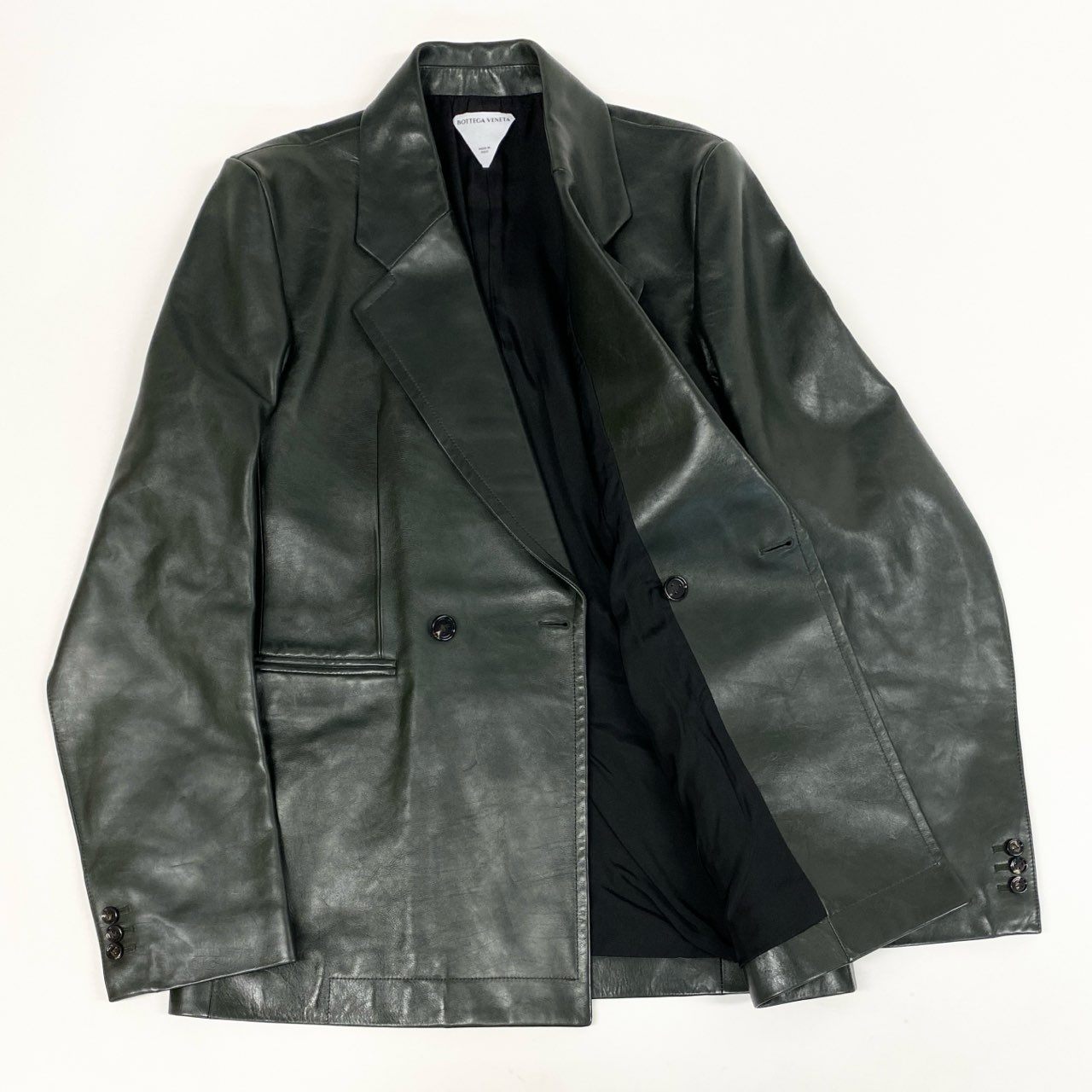 Mb16　《美品》 BOTTEGA VENETA ボッテガヴェネタ ポリッシュレザー レザーダブルコート ジャケット 716235 46 グリーン系 牛革 メンズ イタリア製ta1