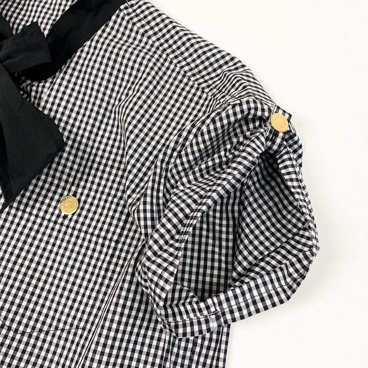 27a23 LOUIS VUITTON ルイヴィトン ゴールドボタン ギンガムチェック ボウタイブラウス 半袖ブラウス 実寸L相当 レディース トップスk02i