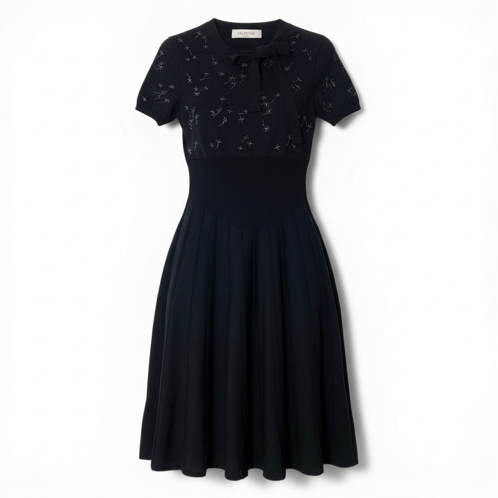 83c27 VALENTINO ヴァレンティノ ビジューリボンドレスワンピース ビーズ刺繍 ストレッチ 膝丈 NB3KD0193FG Sサイズ ブラック レディース 女性用u02t