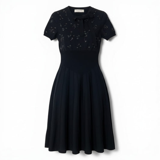 83c27 VALENTINO ヴァレンティノ ビジューリボンドレスワンピース ビーズ刺繍 ストレッチ 膝丈 NB3KD0193FG Sサイズ ブラック レディース 女性用u02t