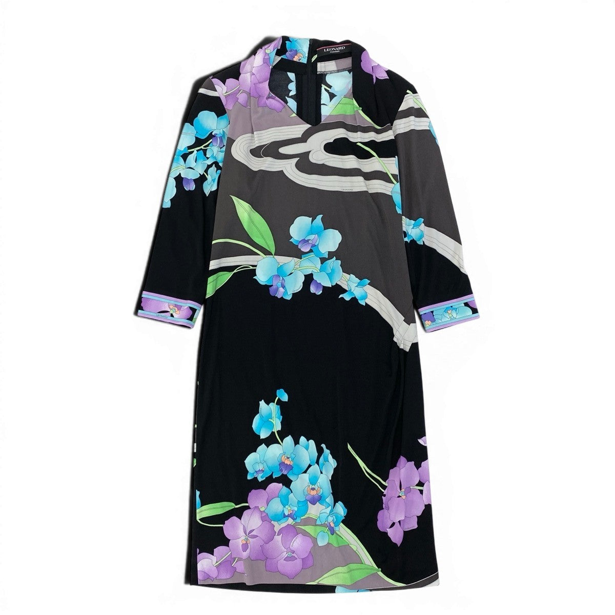 11e27【美品】 LEONARD FASHION レオナール ロングワンピース 美しい花柄プリント カンカン素材 長袖 サイズ40 マルチカラー レディース 女性用u02t