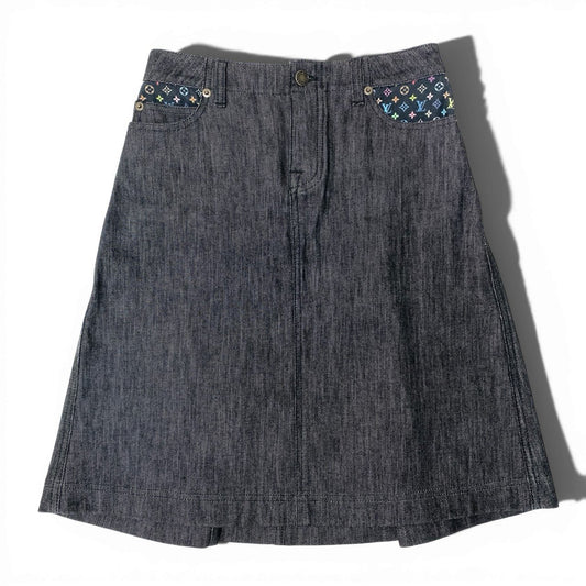 47b4 LOUIS VUITTON ルイヴィトン モノグラムマルチカラー デニムミニスカート ボトムス Monogram Multicolor Denim Mini Skirt 34 ブラック コットン レディースta1