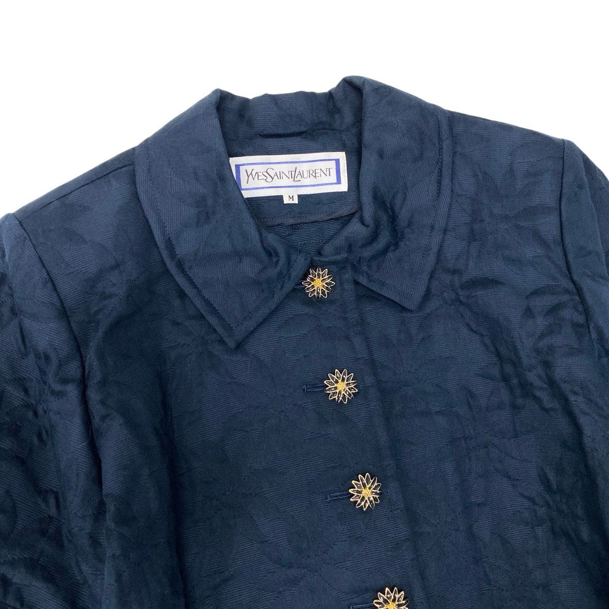 Eh10 YVES SAINT LAURENT イヴサンローラン ショートスリーブ 花柄ジャケット 飾りボタン M ネイビー コットン レディースo07t