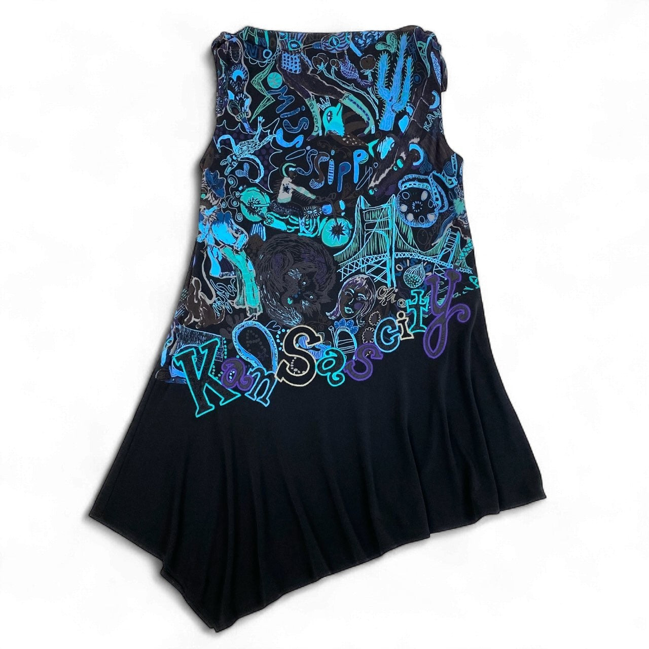 2k19《美品》 TOKUKO 1er VOL トクコプルミエヴォル ノースリーブワンピース ロングワンピース アシンメトリー 総柄プリント 9 ブラック レディースu02t