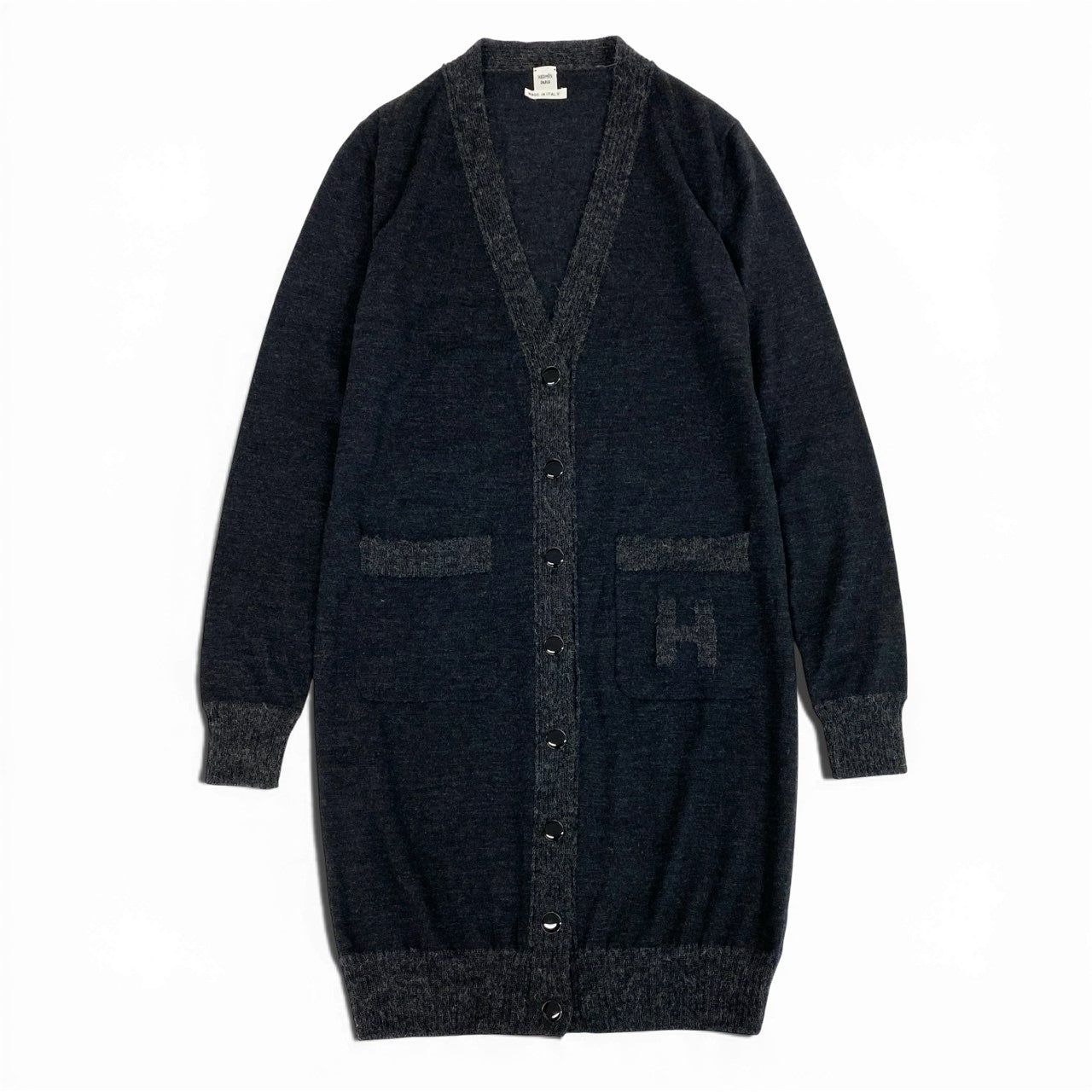 34a27【美品】HERMES エルメス ニットカーディガン ロングカーディガン Vネック Hロゴ イタリア製 38サイズ グレー レディース 女性用o07t