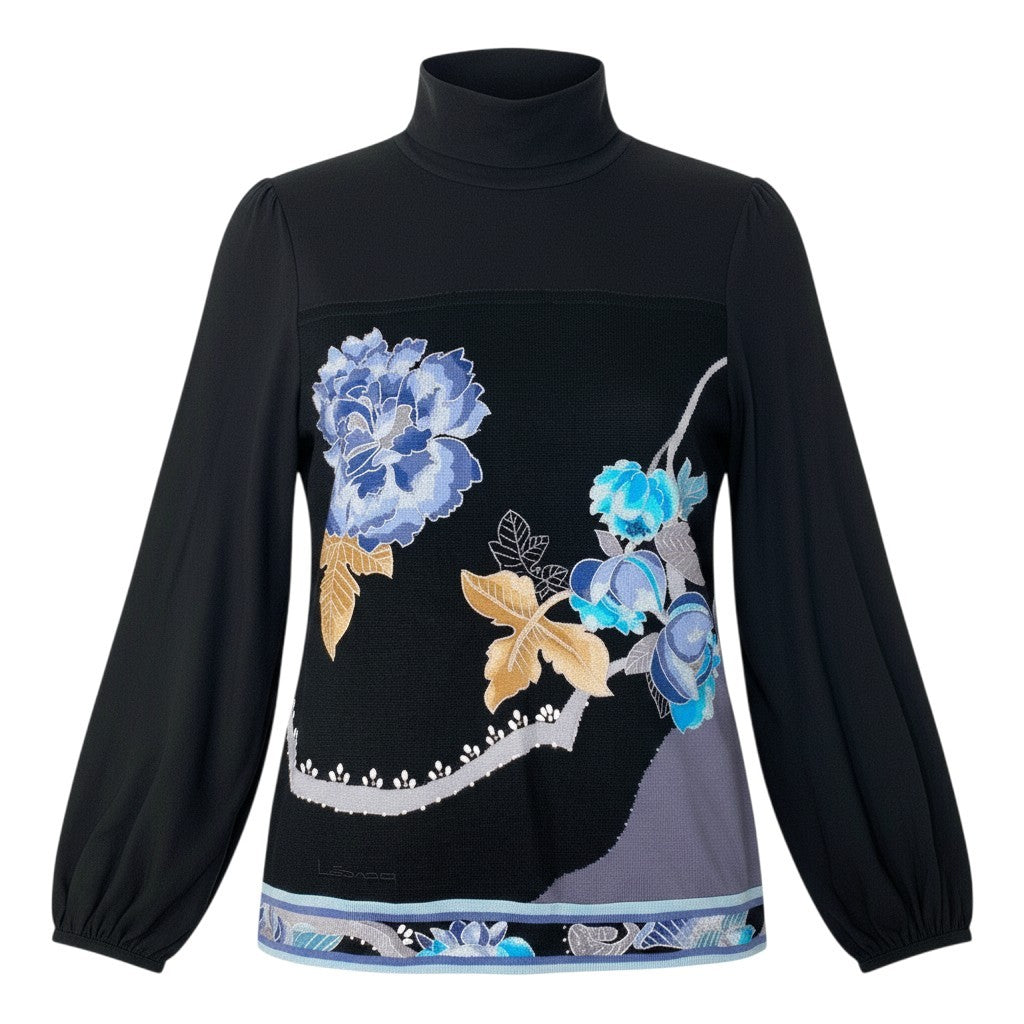 93h25 LEONARD FASHION レオナール ニットカットソー カンカン素材切替 花柄刺繍 38 ブラック レディースu02t