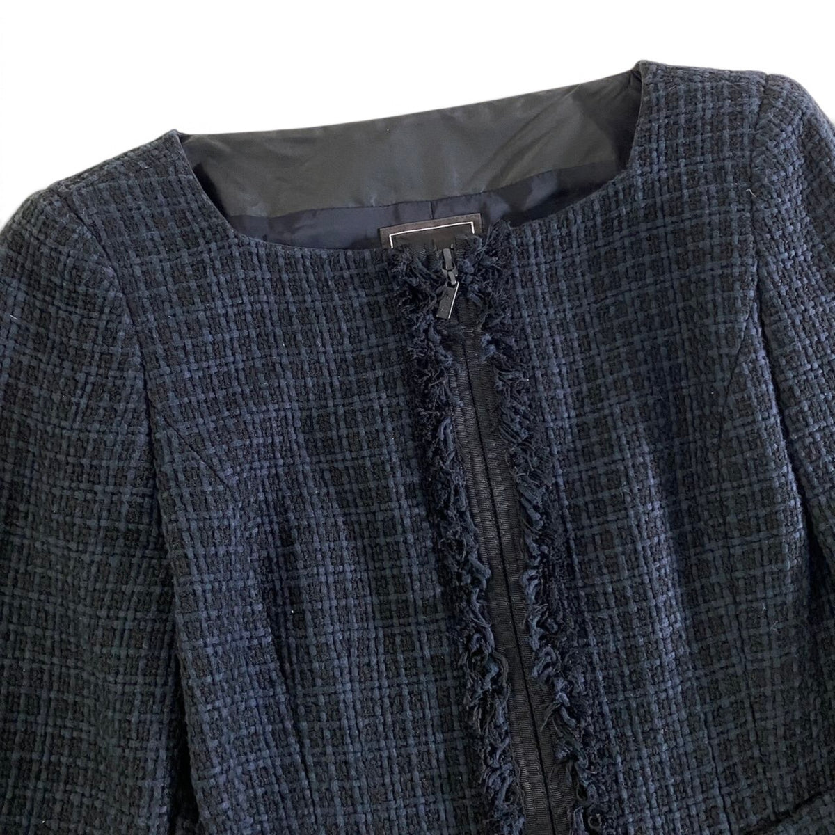 20j23 【美品】FOXEY フォクシー スカートセットアップ ノーカラーツイードジャケット スカート 38サイズ ネイビー レディース 女性用u02t