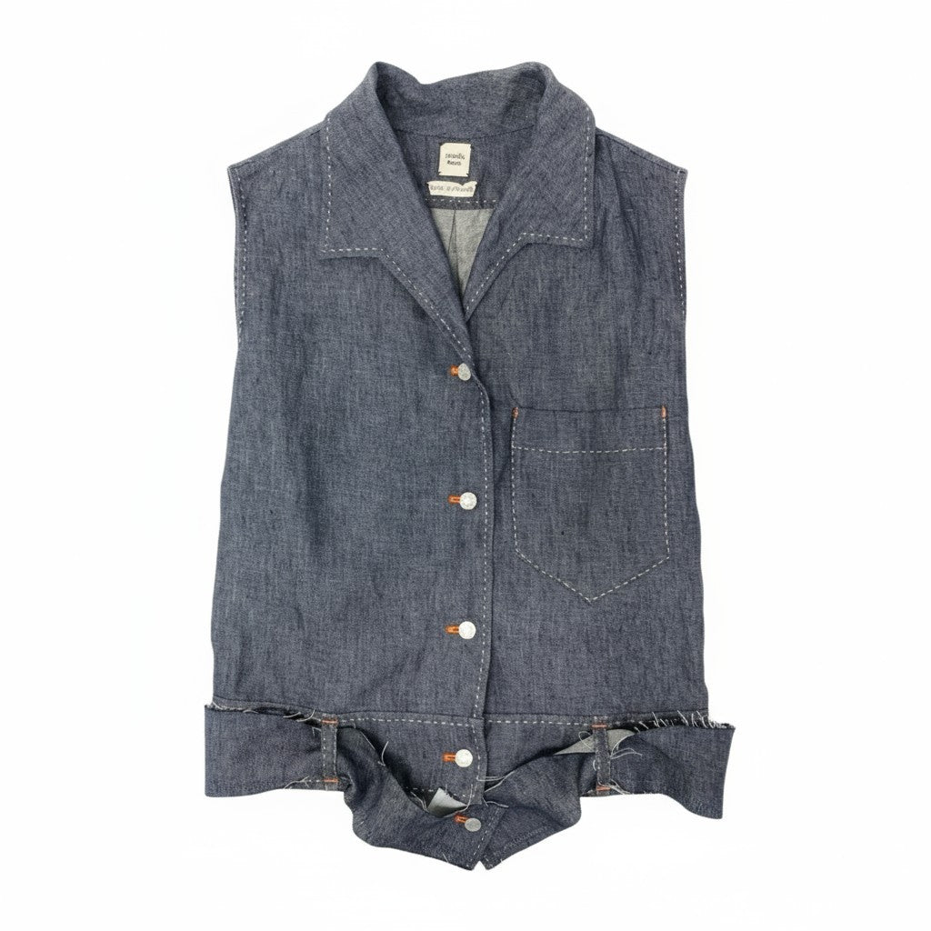 10k11【美品】HERMES PARIS エルメスパリス ノースリーブデニムシャツ デニムベスト リネン100％ ゴルチエ期 フランス製 34サイズ インディゴ レディースu02t
