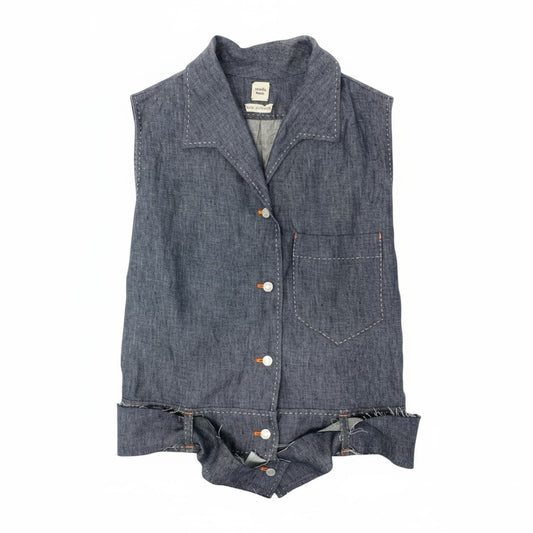 10k11【美品】HERMES PARIS エルメスパリス ノースリーブデニムシャツ デニムベスト リネン100％ ゴルチエ期 フランス製 34サイズ インディゴ レディースu02t