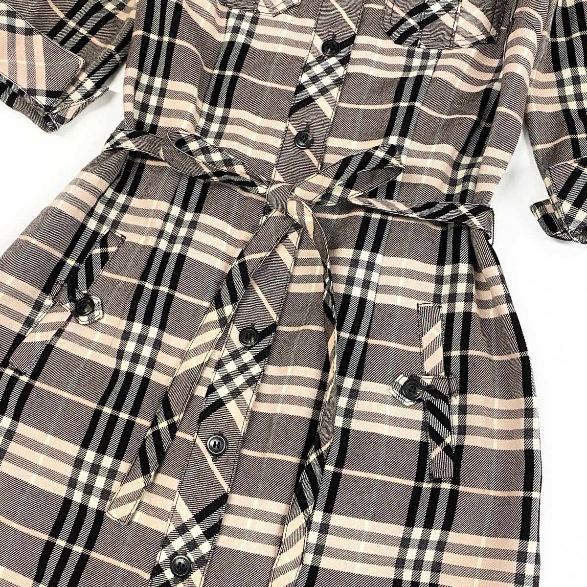 Ie25 BURBERRY LONDON BLUE LABEL バーバリーロンドン ブルーレーベル チェックシャツ 膝丈ワンピース 7分袖 サイズ38 ブラウン系 ピンク ウール100％ レディース 女性服o07t