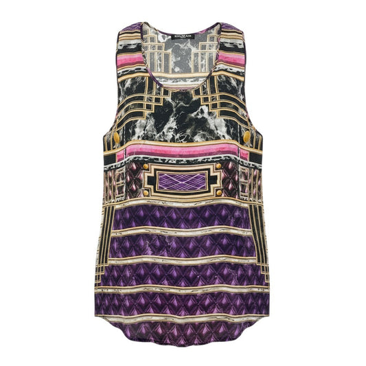 48d15 A BALMAIN バルマン ノースリーブ シルクシアートップ Sleeveless Silk Sheer Top サイズ36 パープルt18r