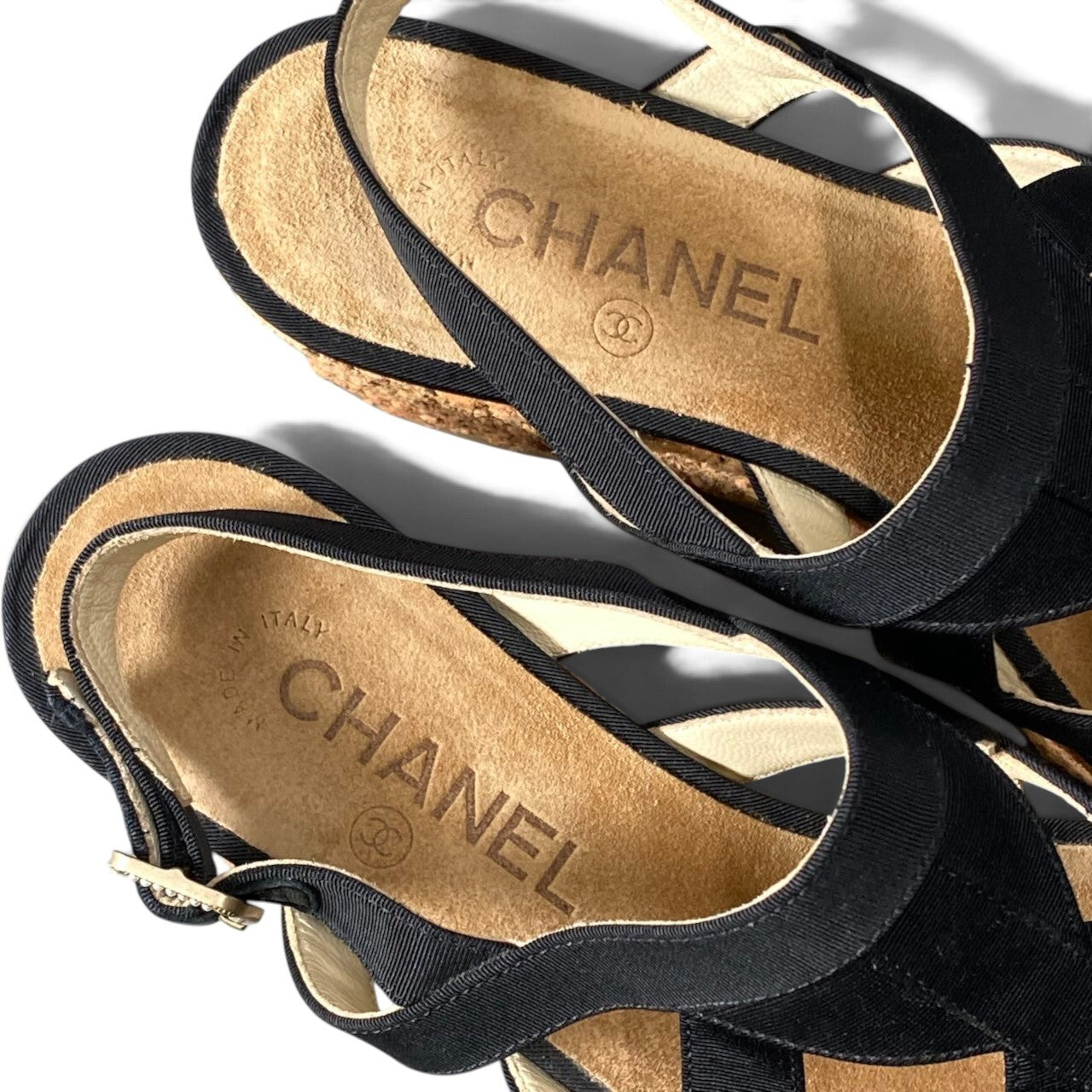 h12【美品】CHANEL コルクウェッジソールサンダル ココマーク 38 1/2サイズ ネイビー レディース 女性用k02i
