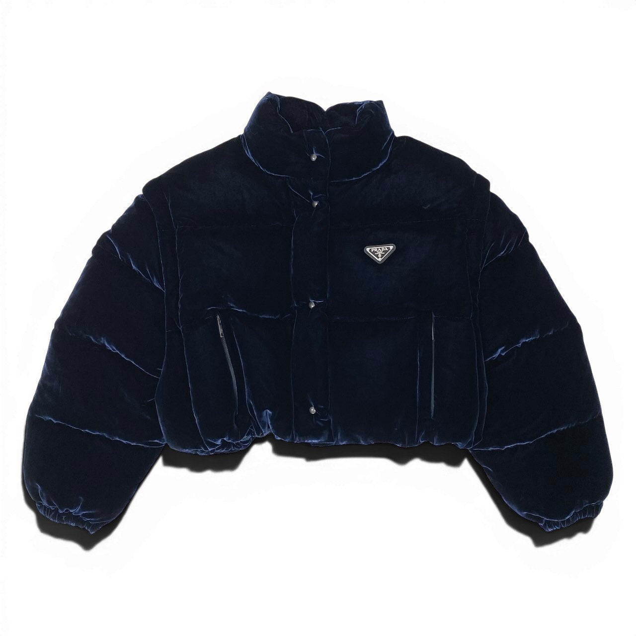 19g1 PRADA プラダ  25AW ベルベット ベロア クロップドダウンジャケット サイズ36 ネイビー系 レディース アウターk02i
