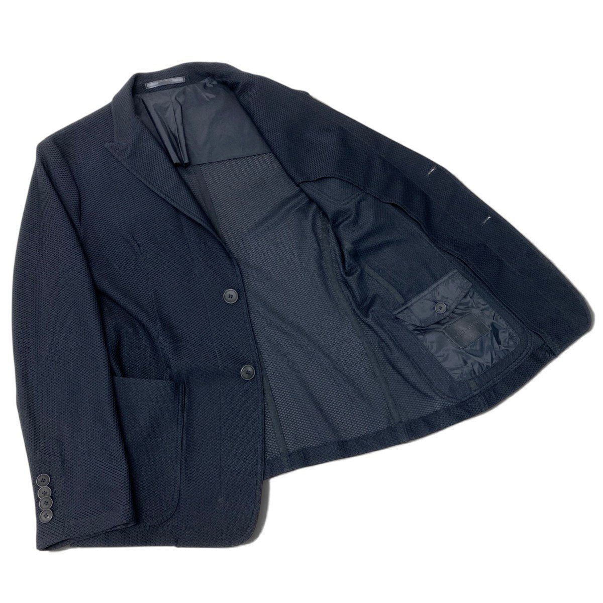 88j8 GIORGIO ARMANI ジョルジオアルマーニ レザータグ 本切羽 メッシュテーラードジャケット ブレザー サイズ52 ブラックt18r
