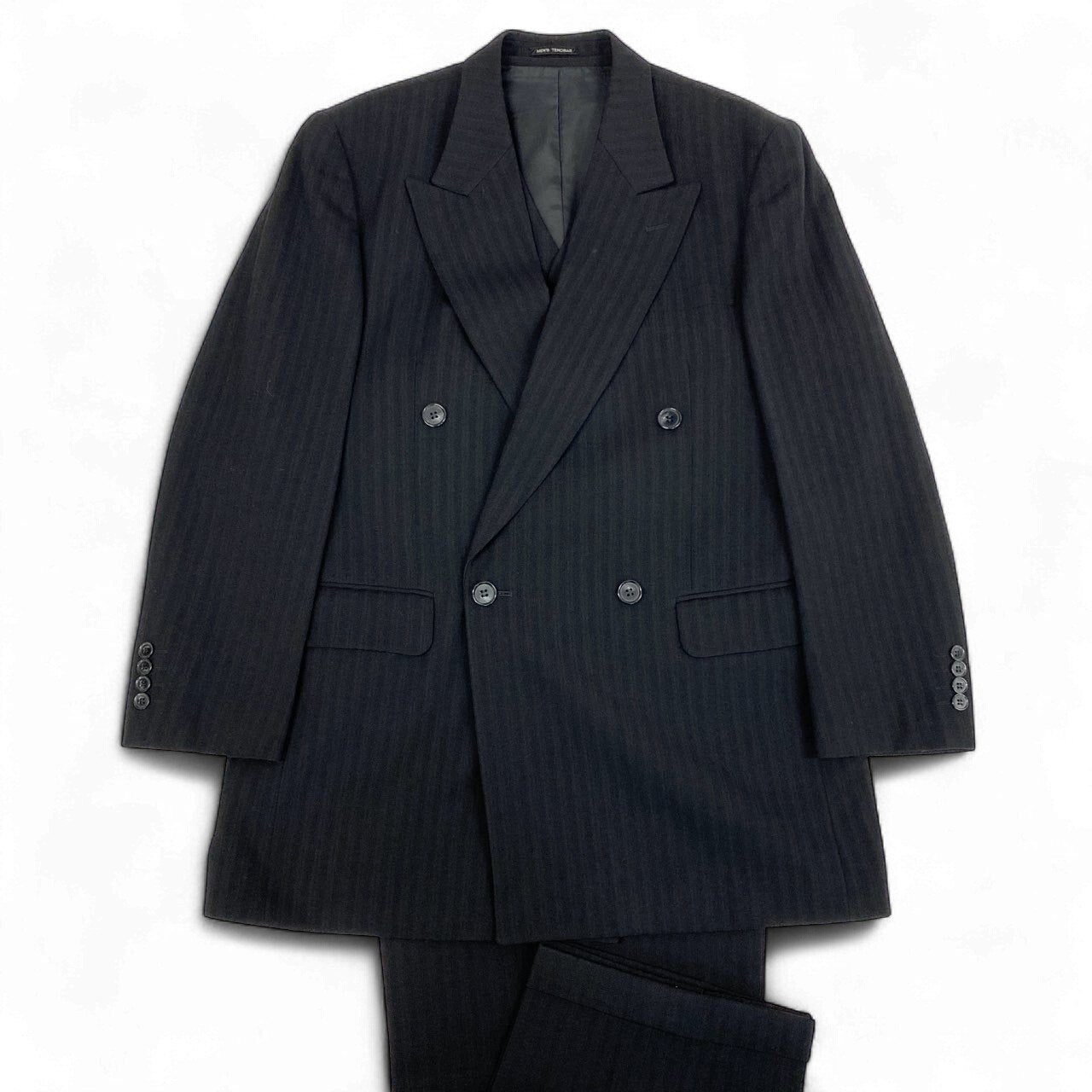 56k27 MEN`S TENORAS メンズティノラス CALZTURE UOMO セットアップスーツ 3ピース スリーピース ダブルブレスト ストライプ柄 メンズ 紳士服 大きいサイズ XL ブラック ウール100％o07t