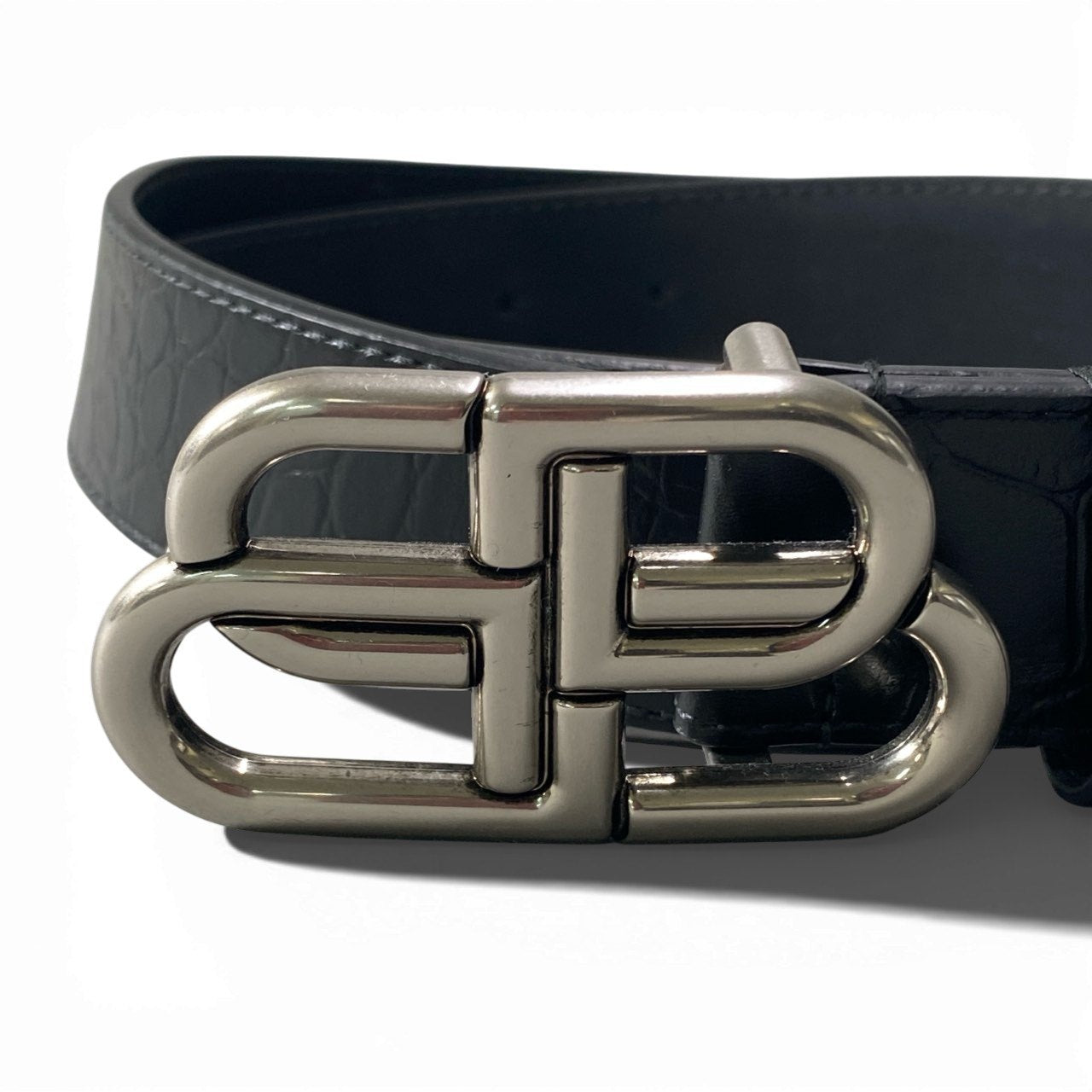 c4 《極美品》 BALENCIAGA バレンシアガ BB ラージロゴ クロコ型押し ベルト BB Large Mock Croc Belt ブラック レザー 箱 保存袋有t18r