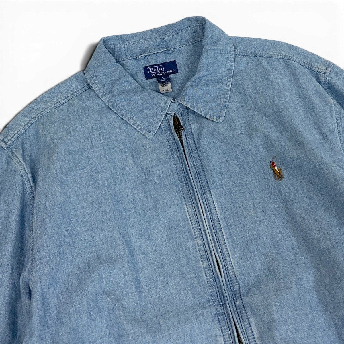 84c29【美品】 Polo by Ralph Lauren ポロバイラルフローレン デニムシャンブレー ブルゾン 近年 ダブルジップ ロゴ刺繡 L/G ライトブルー コットン100％ メンズ 紳士服u02t