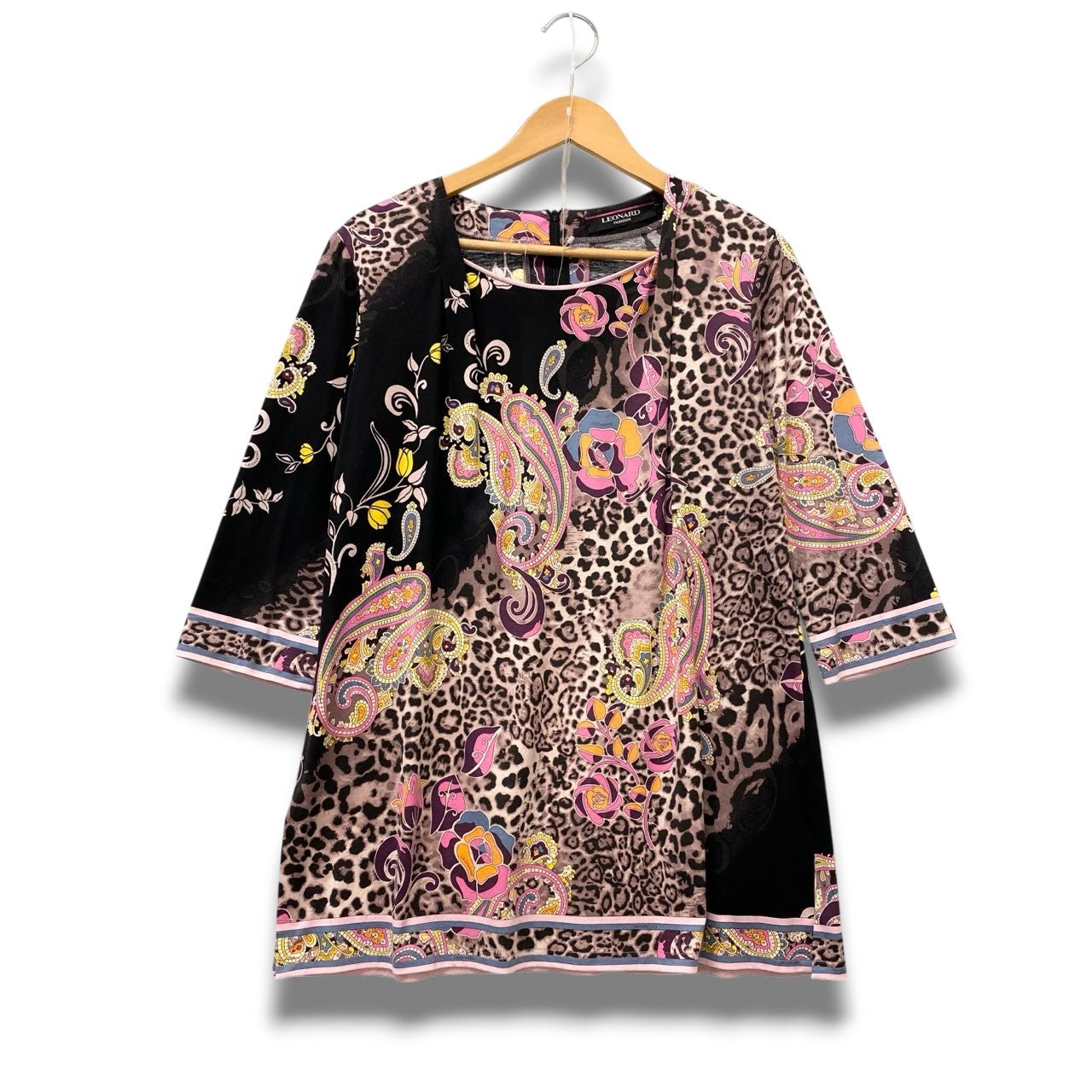44b17 【極美品】LEONARD レオナール 七分袖チュニックトップス スクエアネック レオパード総柄プリント 0399604 42サイズ マルチカラー コットン100％ レディース 女性用u02t