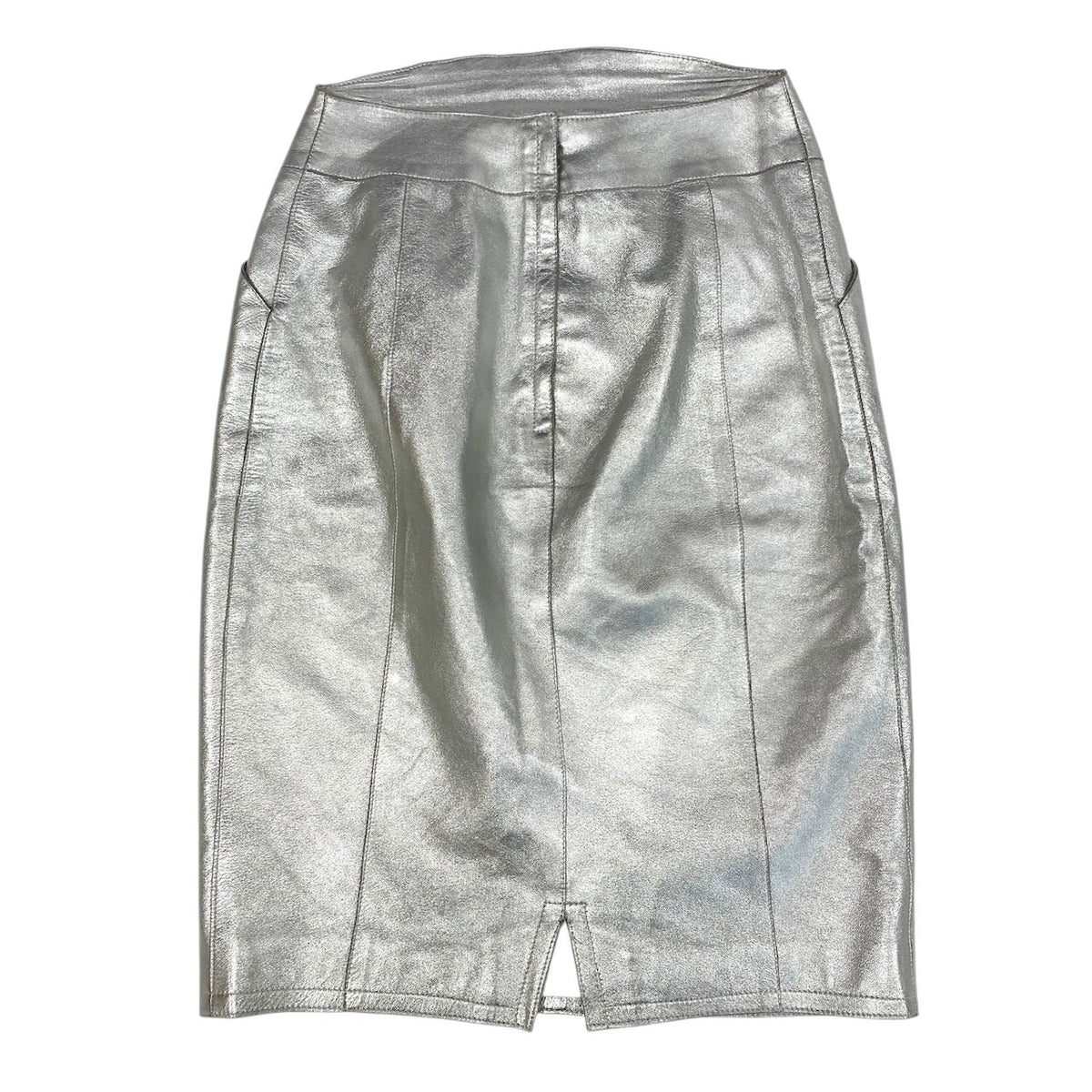 i20 CHANEL 1999 レザースカート ロゴプレート 38サイズ シルバー ラムスキン レディース 女性用u02t