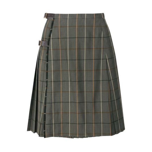 3i12 BURBERRY バーバリー チェック柄 ラップスカート プリーツ切替 カーキ ウール100％ レディースo07t