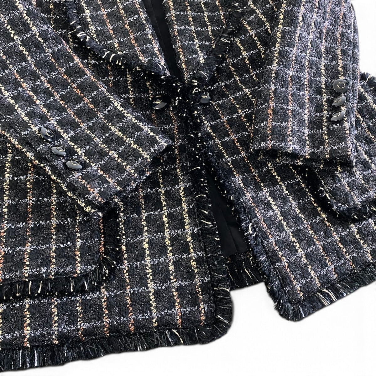 14j23 【極美品】TAE ASHIDA タエアシダ ツイードジャケット チェック柄 ラメ フリンジ アウター 5サイズ ブラック系 レディース 女性用u02t