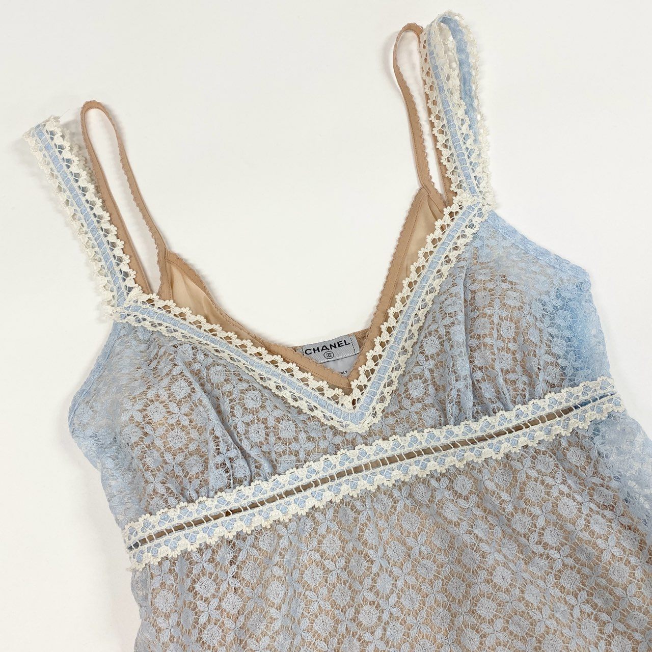 Cb15 《極美品》 CHANEL シャネル 2007 総レース キャミソール トップス タンクトップ P30616 36 ライトブルー 画像参照 レディースk02i