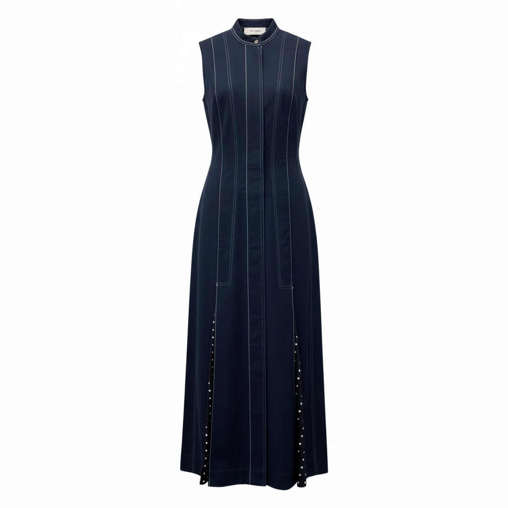 77b26 【美品】SPORTMAX スポーツマックス ノースリーブノーカラーワンピース ステッチ フレア ストライプ ドット 40サイズ ネイビー レディース 女性用u02t