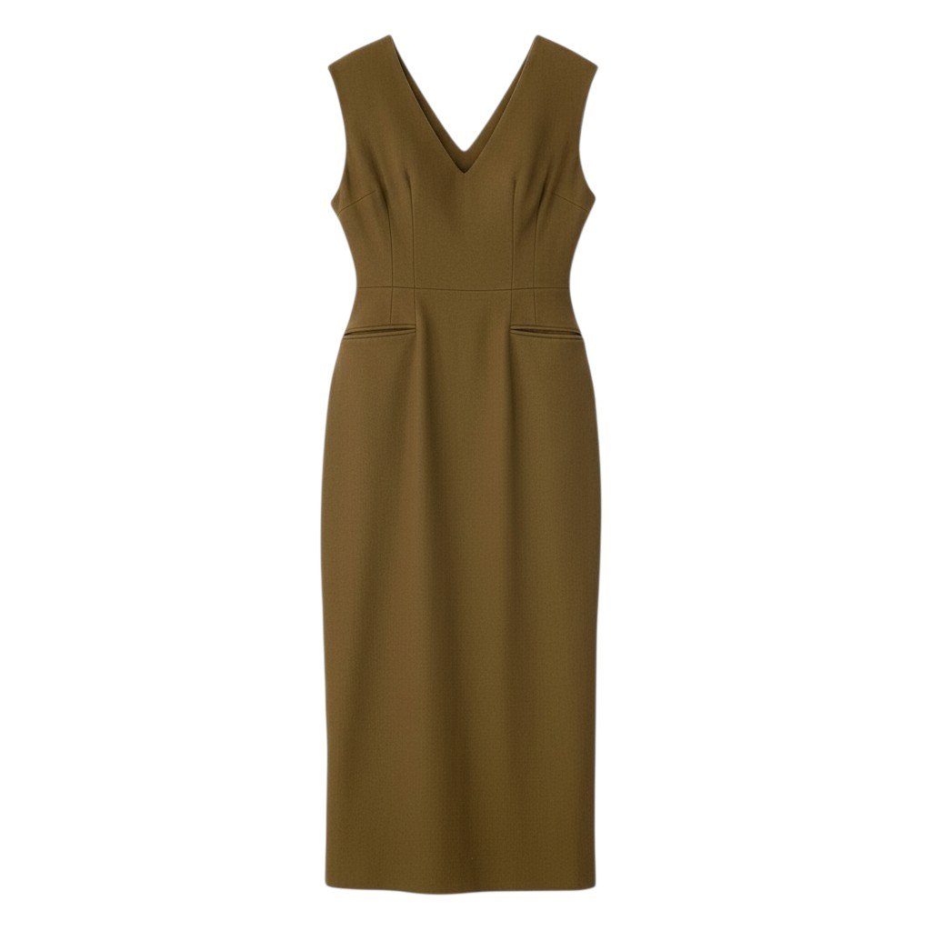 54c20 mame kurogouchi マメ クロゴウチ V-Neck Tucked Wool Dress Vネックタックウールドレス サイズ2 カーキブラウン レディースk02i
