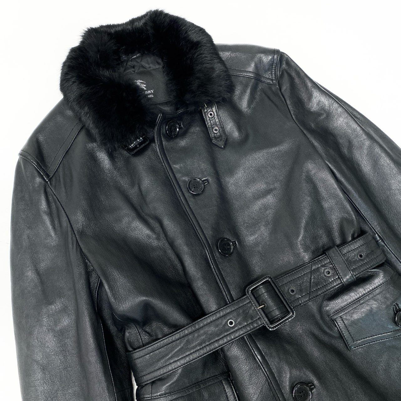 79a14 BURBERRY BLACK LABEL バーバリーブラックレーベル レザーコート ベルテッドコート 中綿キルティング ラビットファー襟 LL ブラック メンズu02t