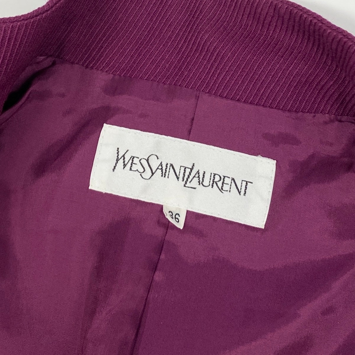 65f2 YVES SAINT LAURENT イヴサンローラン スタンドカラー ウールジャケット フォーマル サイズ36 パープル レディース 女性服o07t