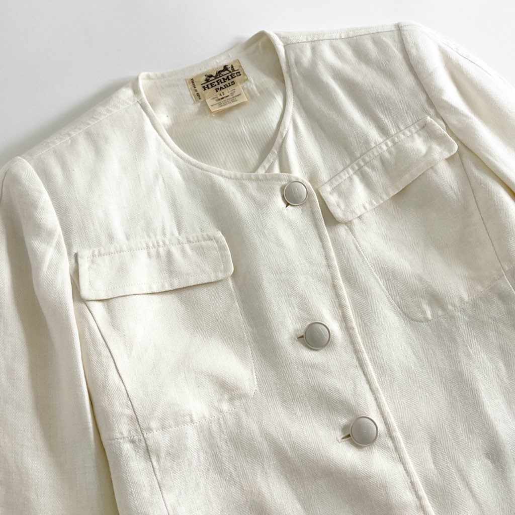 53e1 HERMES エルメス リネン ノーカラージャケット 42 アイボリー 麻100％ ブレザー フランス製 LINEN JACKET