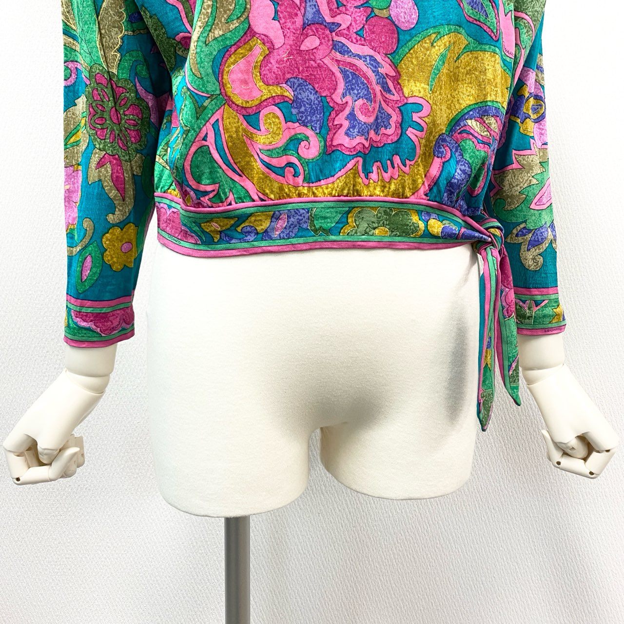 21k11 LEONARD レオナール ロングスリーブ カットソー 美しい花柄プリント ドルマンスリーブ 裾リボン レディース S グリーン系 ウールシルクu02t