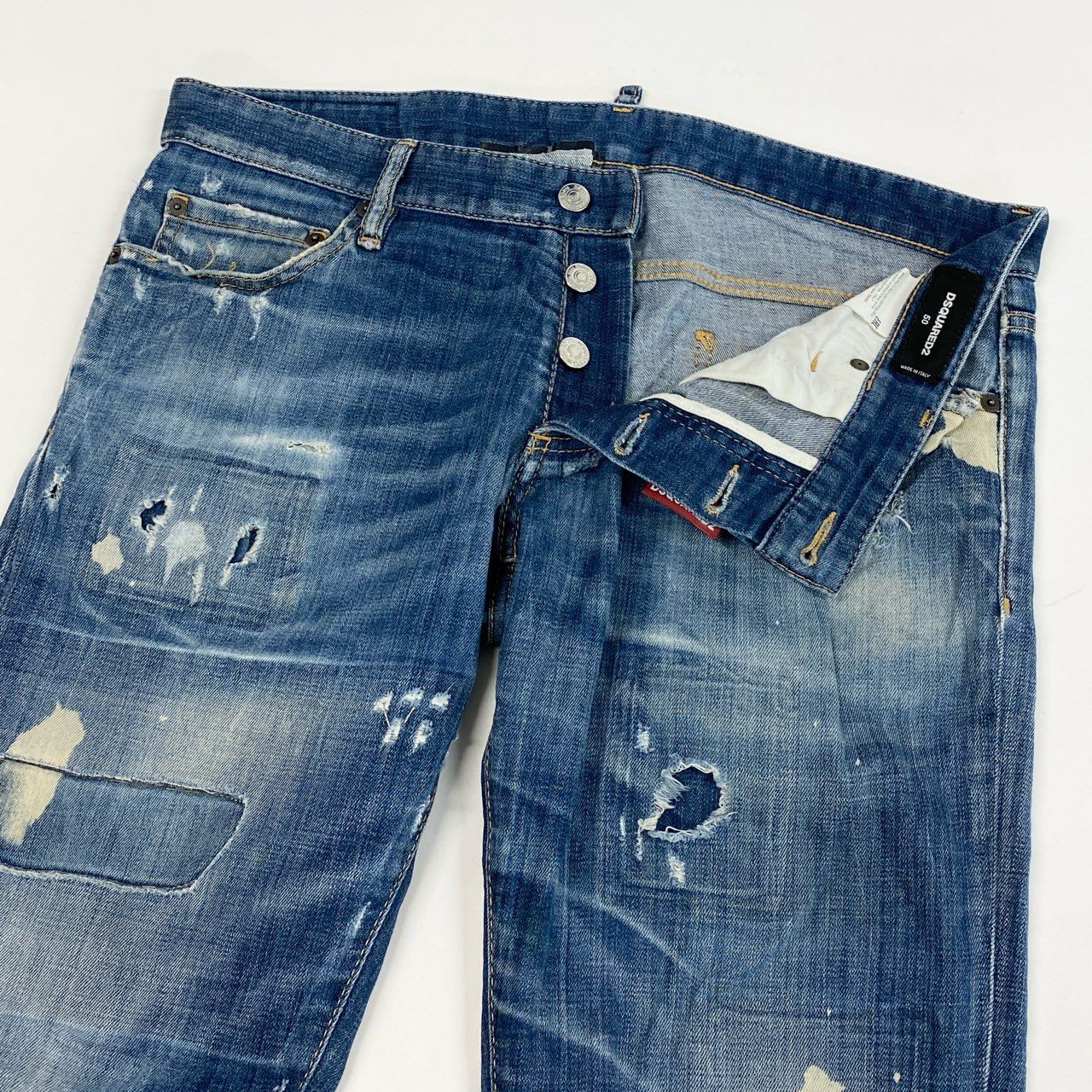 39L15 DSQUARED2 ディースクエアード Slim Jean スリムデニム クラッシュデニム ダメージ リペア加工 S71LD0240 S30342 50サイズ インディゴ メンズo07t