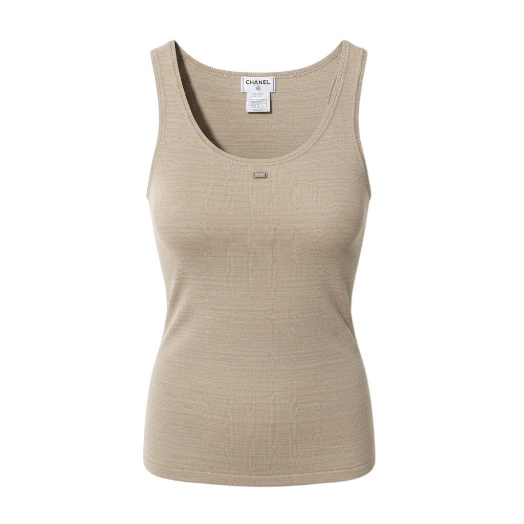 Cf11 CHANEL シャネル 99P ロゴプレート ノースリーブ ニットカットソー タンクトップ P12609 サイズ40 ベージュ レディース 女性用ta1