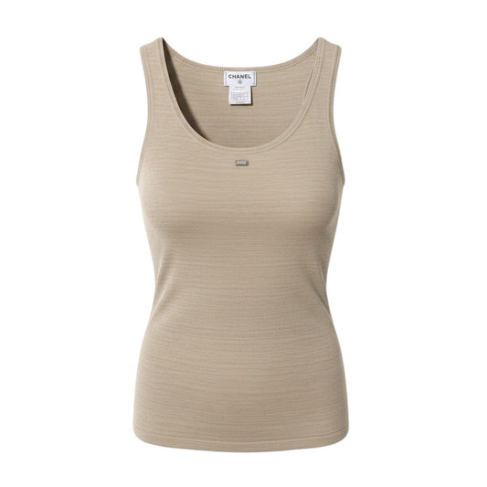 Cf11 CHANEL シャネル 99P ロゴプレート ノースリーブ ニットカットソー タンクトップ P12609 サイズ40 ベージュ レディース 女性用ta1