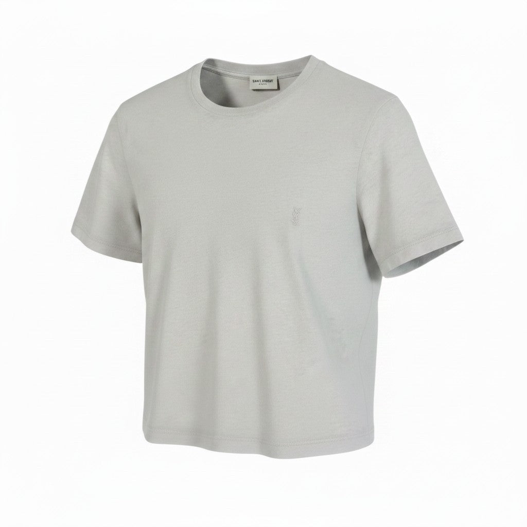 Ee29  SAINT LAURENT サンローラン クロップド丈 クルーネック 半袖Tシャツ YSLロゴ刺繡 サイズL ライトグレー コットン100％ レディース 女性服u02t