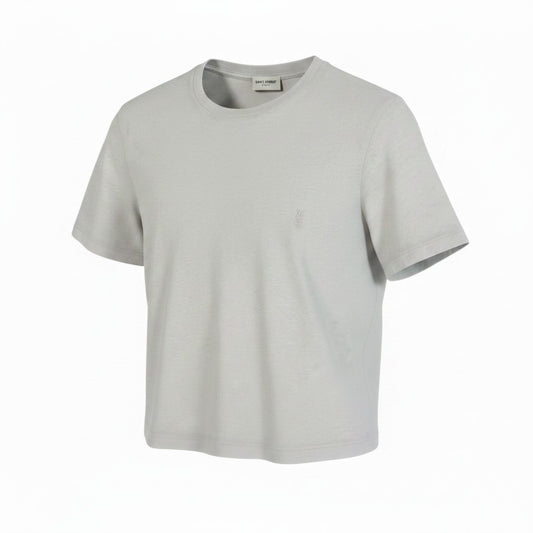 Ee29  SAINT LAURENT サンローラン クロップド丈 クルーネック 半袖Tシャツ YSLロゴ刺繡 サイズL ライトグレー コットン100％ レディース 女性服u02t