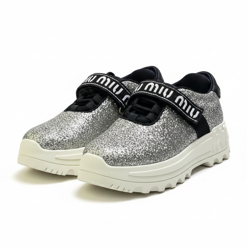1i13 miu miu ミュウミュウ ロゴテープ グリッター スニーカー size 35 シルバー 厚底 シューズt18r