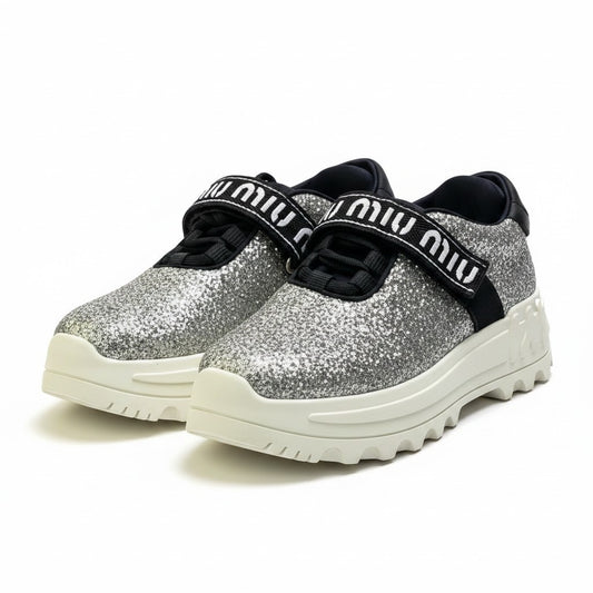 1i13 miu miu ミュウミュウ ロゴテープ グリッター スニーカー size 35 シルバー 厚底 シューズt18r